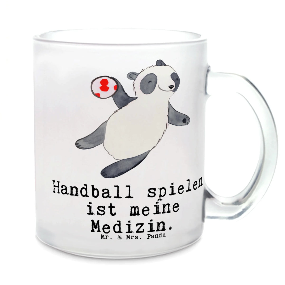 Teetasse Panda Handball spielen Teetasse aus Glas, Teetasse, Kakaotasse, Henkelbecher, Trinkglas, Glasbecher, Teeglas, getränkebecher, getränkeglas, Pott, Teetasse Glas, Häferl, glastasse, Tee Tasse, Motivtasse, Haferl, Henkeltasse, Glas Teebecher, Geschenk, Schenken, Sport, Sportart, Hobby, Danke, Dankeschön, Auszeichnung, Gewinn, Sportler, Handball spielen, Handball Turnier, Handball Verein, Handball Club