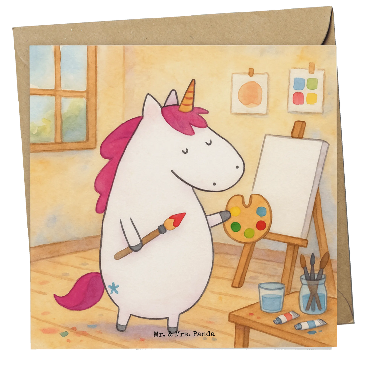 Deluxe Karte Einhorn Künstler Design Glückwunschkarte, anlasskarte, Klappkarte, doppelkarte, Grußkarte, faltkarte, Unicorn, Einhorn, Einhörner, Einhorn Deko, Pinsel, Stift, Zeichnen, Malen, Artist, Englisch, Welt, Farbe, Geschenk, Künstler, Maler